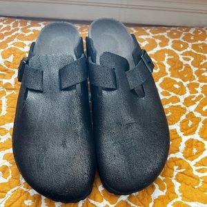 Authentic Birkenstock Bostons - metallic dark gray. New without tags/box